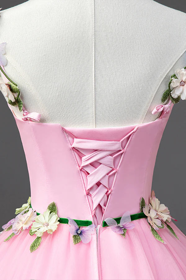 Pink Tulle Flower Long Prom Dresses Cute Spaghetti Sweet 16 Dresses