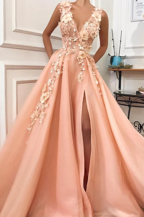 A-Line Tulle Long Prom Dress Blush V-Neck Lace Evening Formal Dress