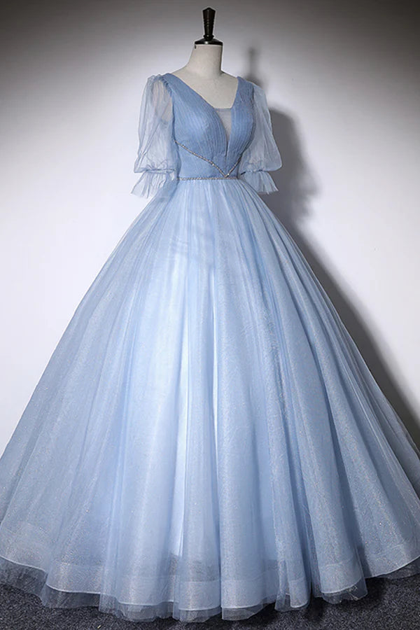 Blue V-Neck Tulle Long Prom Dress A-Line Formal Evening Dress