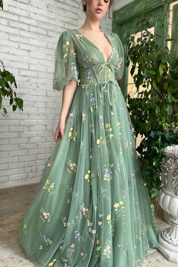 Green V-Neck Lace Long Prom Dress A-Line Evening Graduation Dress
