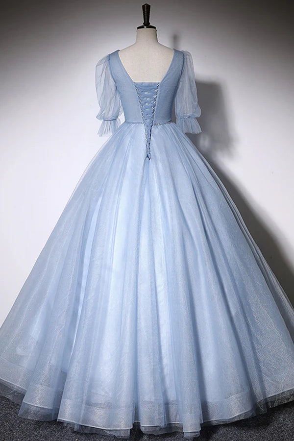Blue V-Neck Tulle Long Prom Dress A-Line Formal Evening Dress
