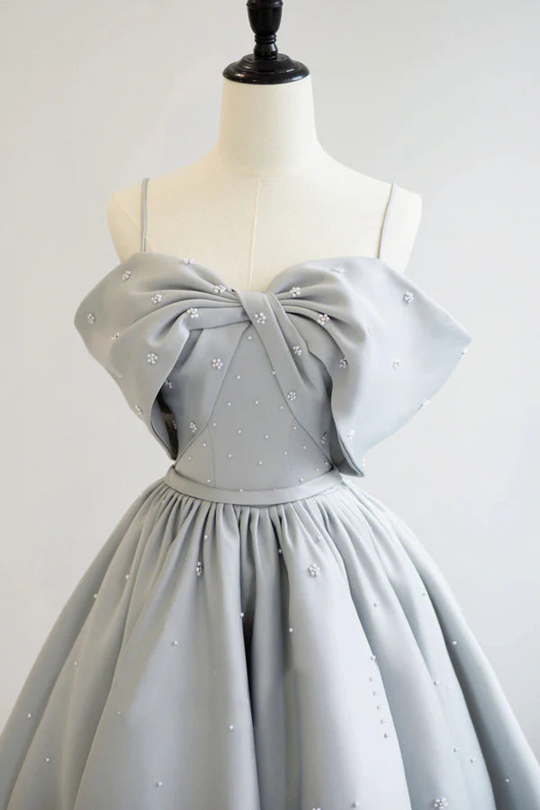 Gray Satin Long Prom Dress A-Line Spaghetti Straps Evening Graduation Dress