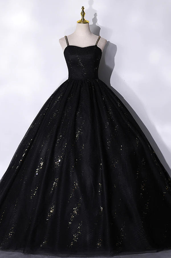 Black Tulle Sequins Long Prom Dress Black Spaghetti Straps Evening Dress