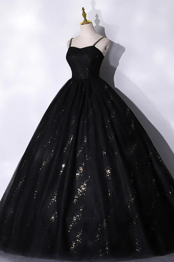 Black Tulle Sequins Long Prom Dress Black Spaghetti Straps Evening Dress