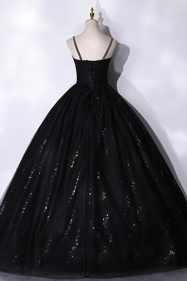 Black Tulle Sequins Long Prom Dress Black Spaghetti Straps Evening Dress