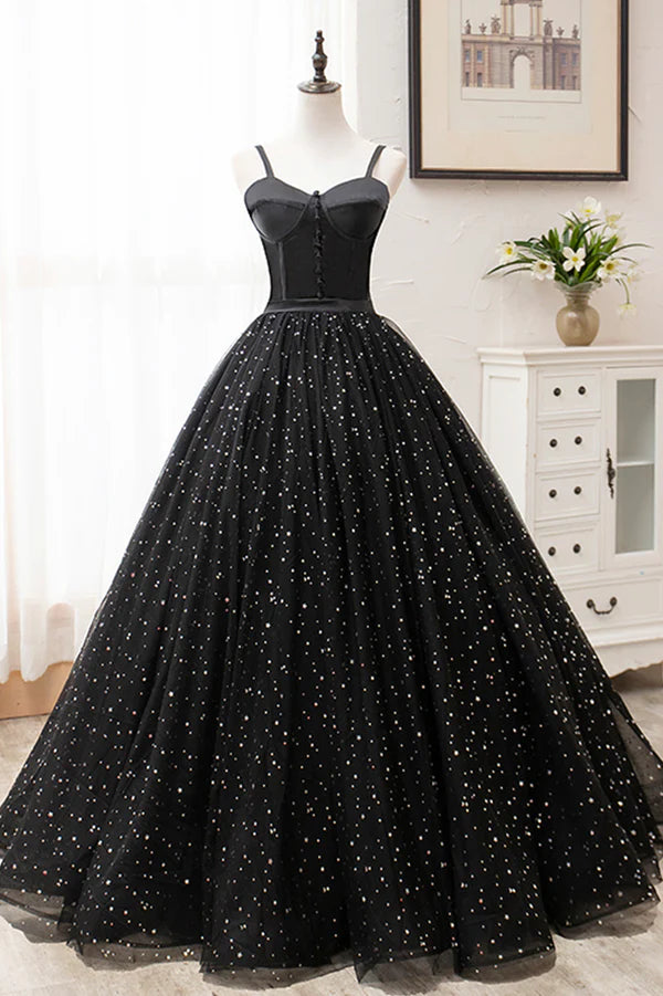 Black Tulle Long Prom Dress Black Spaghetti Straps Formal Evening Gown