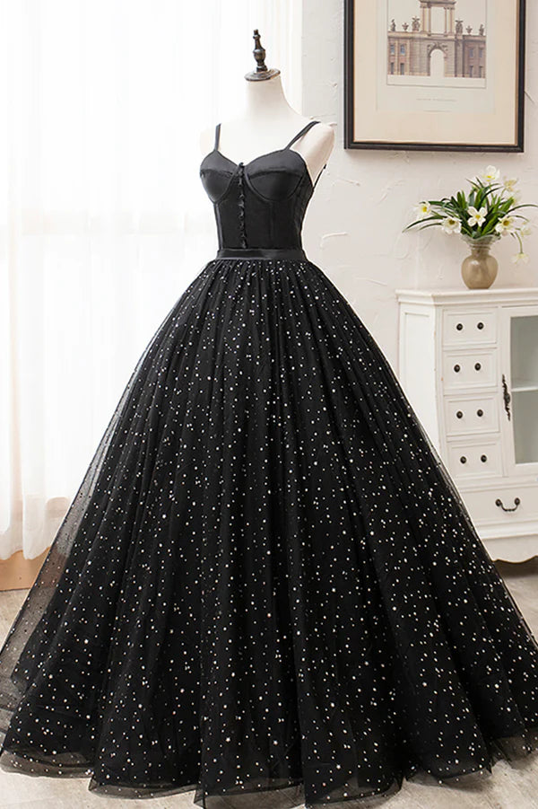 Black Tulle Long Prom Dress Black Spaghetti Straps Formal Evening Gown