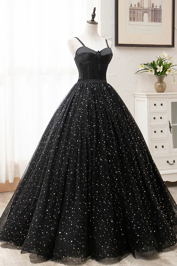 Black Tulle Long Prom Dress Black Spaghetti Straps Formal Evening Gown