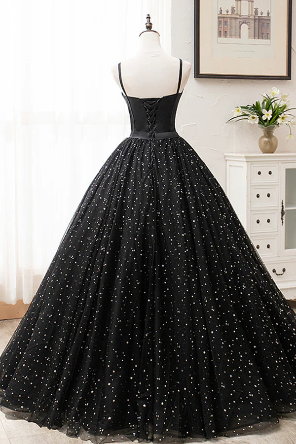 Black Tulle Long Prom Dress Black Spaghetti Straps Formal Evening Gown