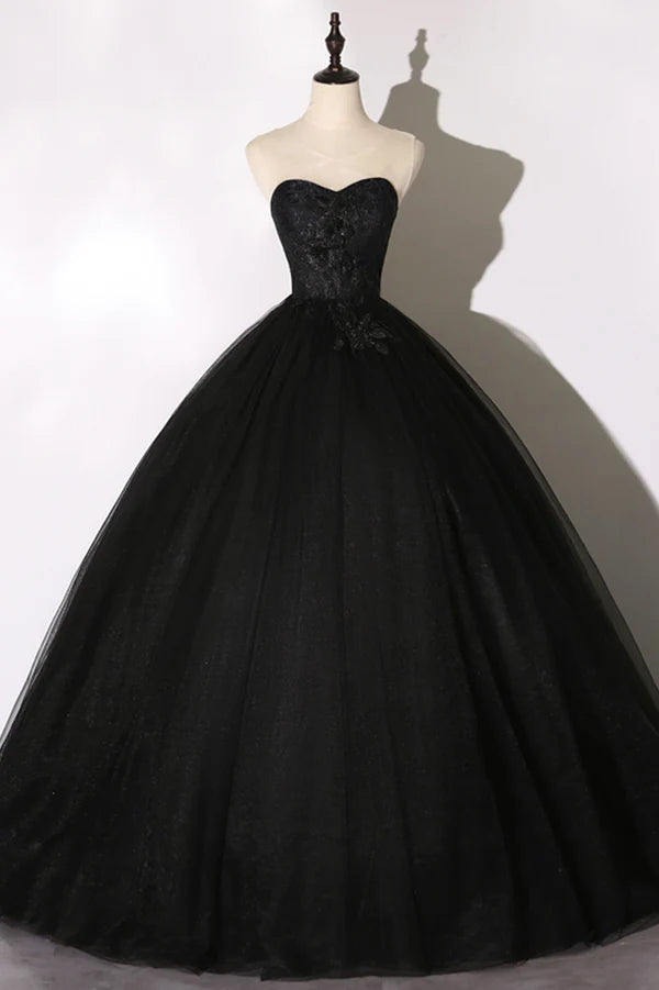 Black Tulle Lace Long Prom Dress Black Scoop Neckline Evening Party Dress