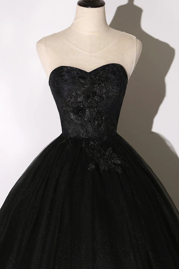 Black Tulle Lace Long Prom Dress Black Scoop Neckline Evening Party Dress