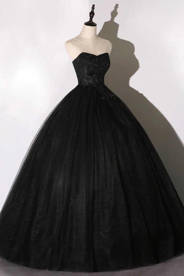 Black Tulle Lace Long Prom Dress Black Scoop Neckline Evening Party Dress