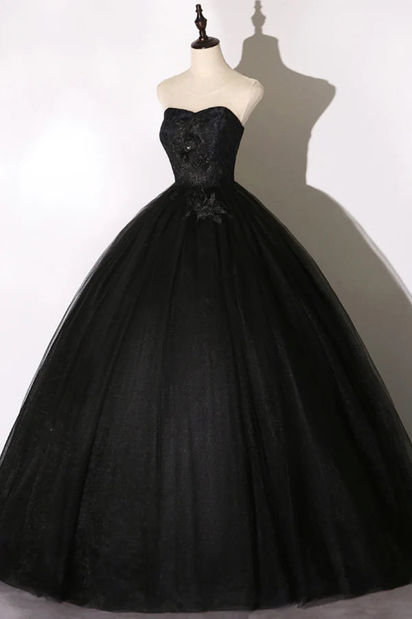Black Tulle Lace Long Prom Dress Black Scoop Neckline Evening Party Dress