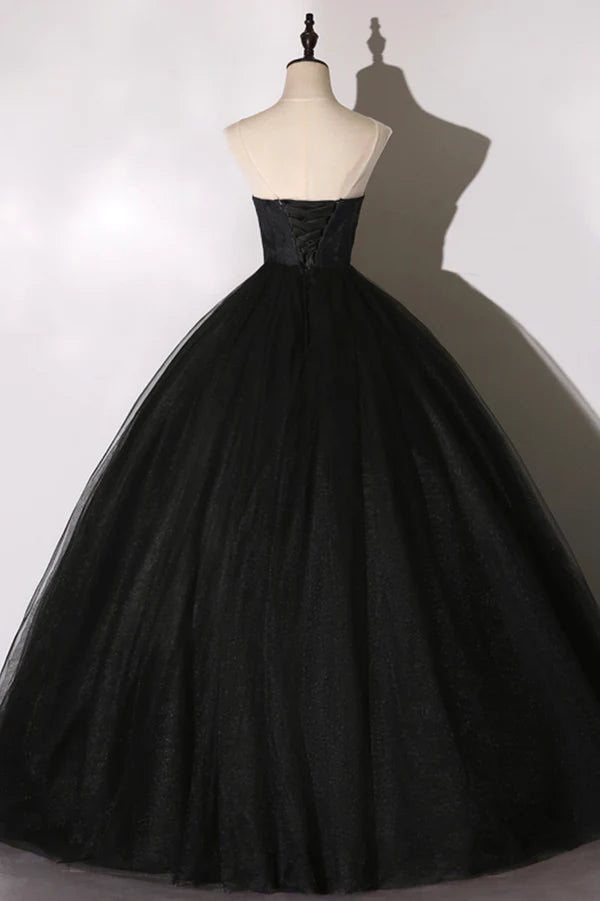 Black Tulle Lace Long Prom Dress Black Scoop Neckline Evening Party Dress