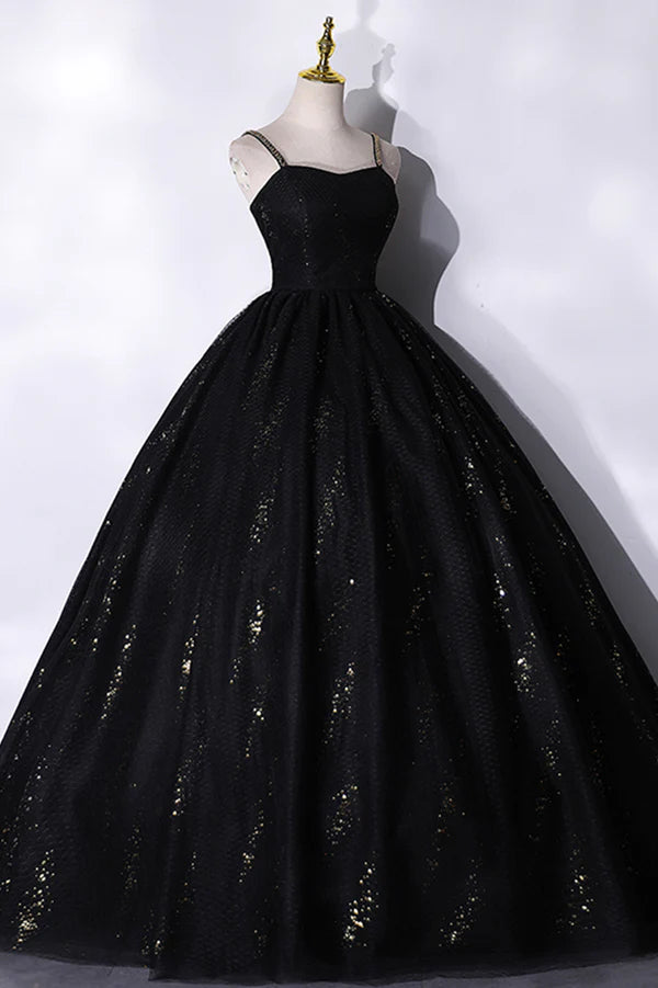 Black Tulle Sequins Long Prom Dress Black Spaghetti Straps Evening Dress