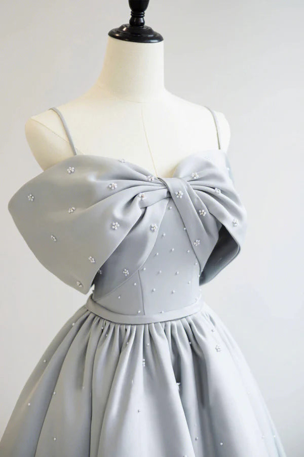 Gray Satin Long Prom Dress A-Line Spaghetti Straps Evening Graduation Dress