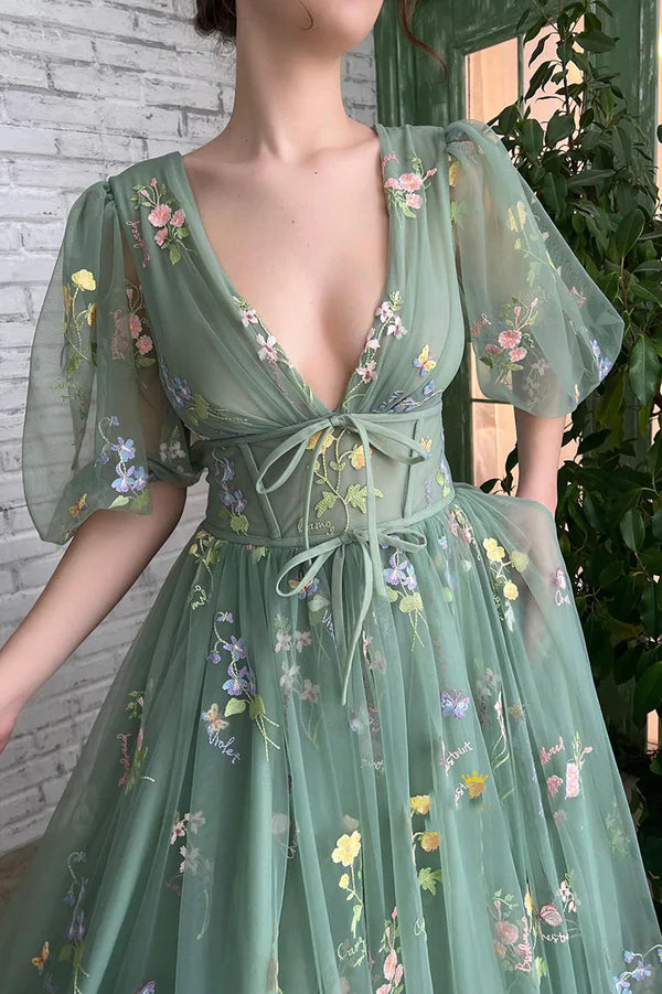 Green V-Neck Lace Long Prom Dress A-Line Evening Graduation Dress