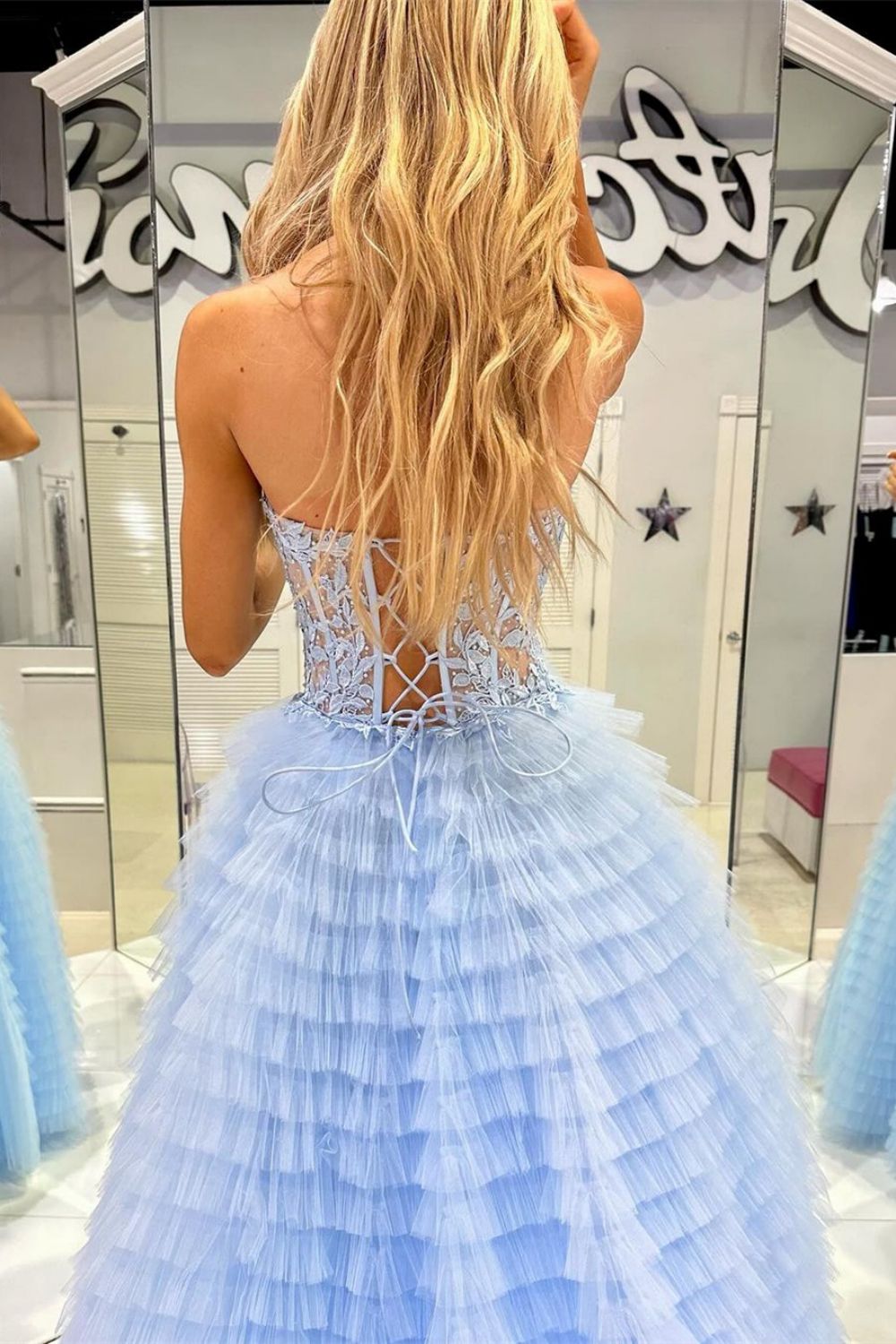 Trendy A Line Sweetheart Blue Corset Prom Dress with Appilques Ruffles