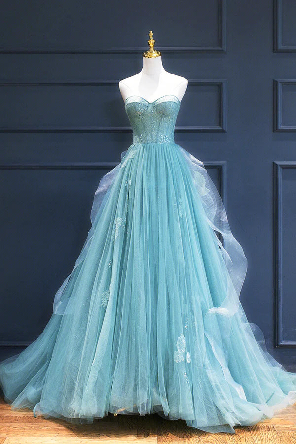 Green Lace Tulle A-Line Long Formal Dress Green Strapless Evening Dress