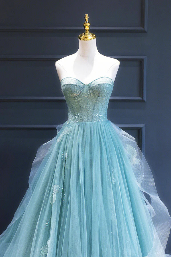 Green Lace Tulle A-Line Long Formal Dress Green Strapless Evening Dress