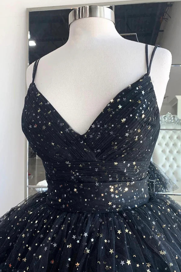 Black A-Line Tulle High Low Prom Dress V-Neck Evening Party Dress