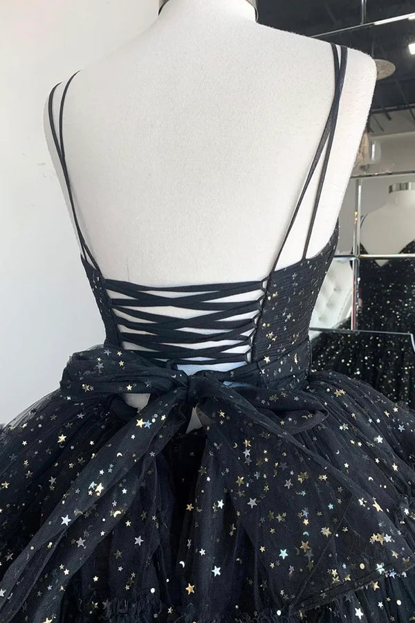 Black A-Line Tulle High Low Prom Dress V-Neck Evening Party Dress