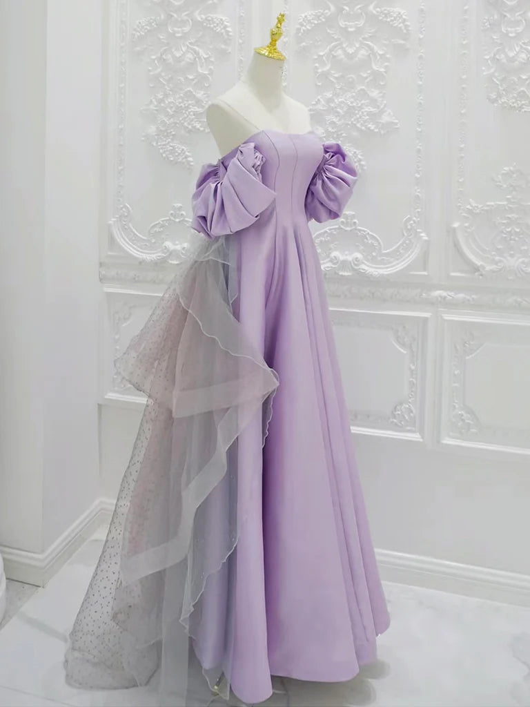 Buyishang A-Line Satin Tulle Purple Long Prom Dress Tulle Purple Long Formal Dress
