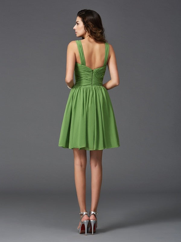 A-Line/Princess Straps Ruffles Sleeveless Short Silk like Satin Bridesmaid Dresses