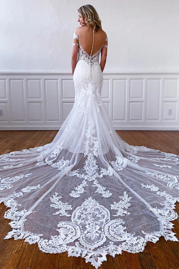 Buyishang Mermaid Off-the-Shoulder Short Sleeves Long White Lace Bridal Dress