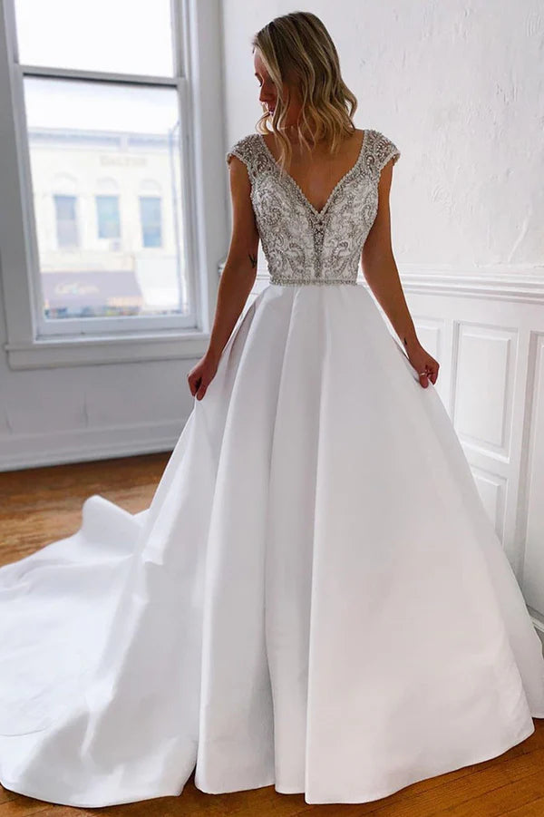 Buyishang A-Line V-Neck Long White Wedding Dress with Silver Beads