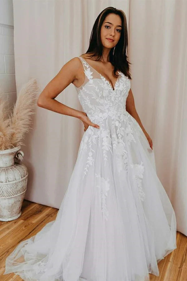 Buyishang A-Line V Back Long White Wedding Dress with Lace Appliqued