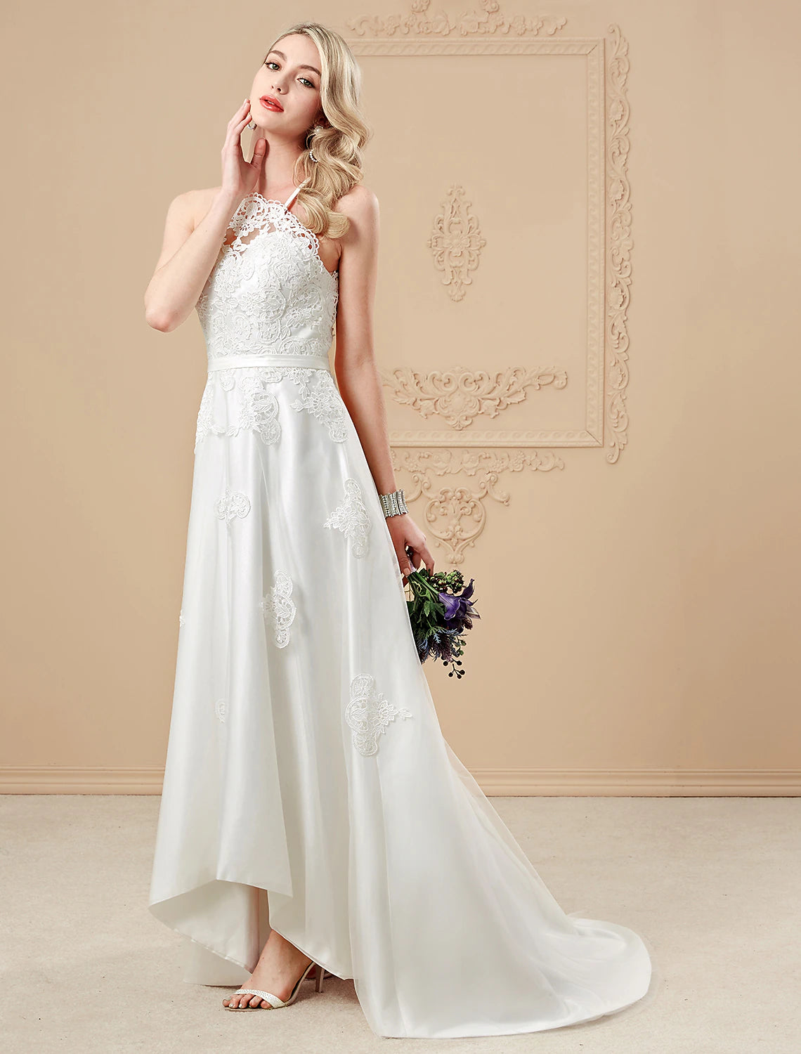 A-Line Wedding Dresses Asymmetrical Simple Spaghetti Strap Halter Tulle With Sashes