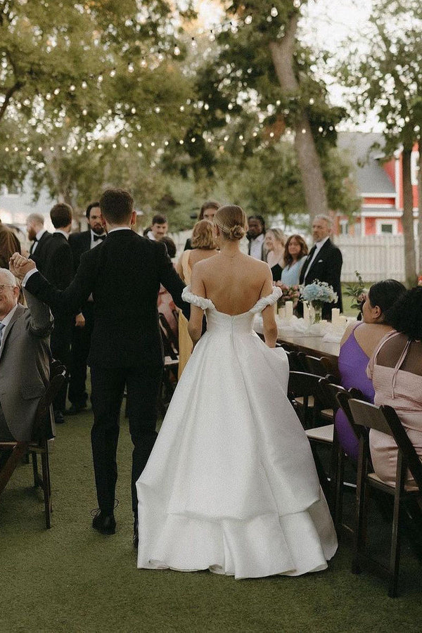 Buyishang A-Line Satin Off the Shoulder Wedding Dresses with Slit