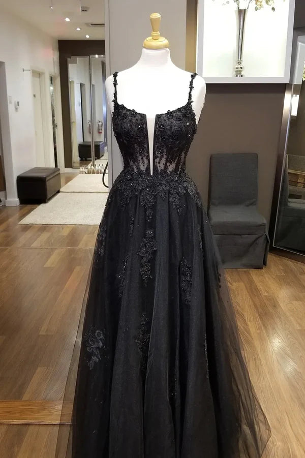 Black Tulle Lace Long Prom Dress A-Line Spaghetti Straps Evening Dress