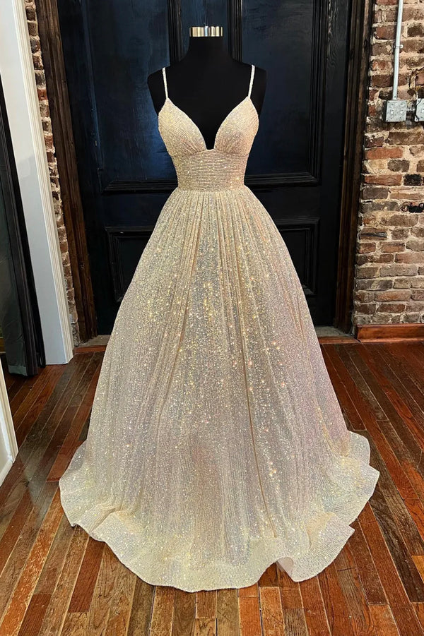 Champagne Sequins Long A-Line Prom Dress Shiny V-Neck Spaghetti Straps Party Dress