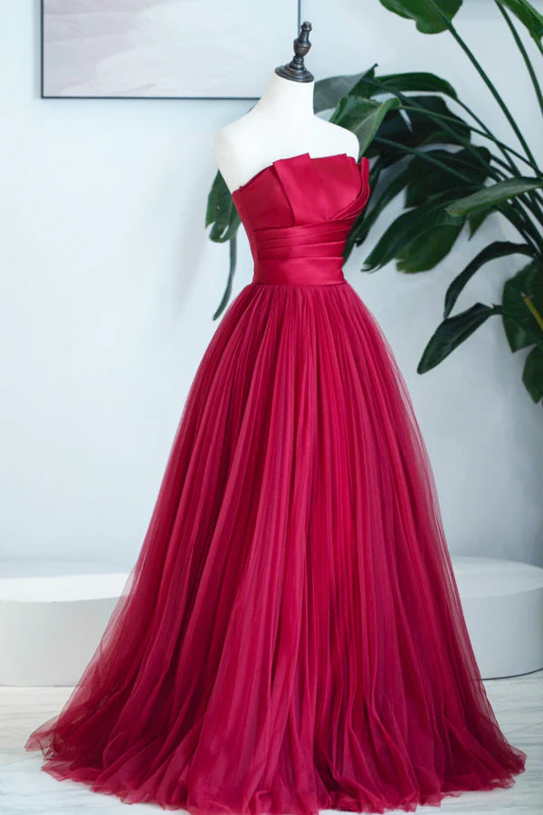 Burgundy Satin Tulle Long Prom Dress A-Line Strapless Evening Dress