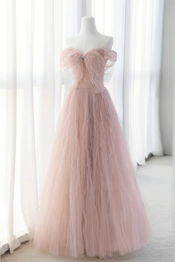 Pink Tulle Long A-Line Prom Dresses Pink Evening Dresses with Bow