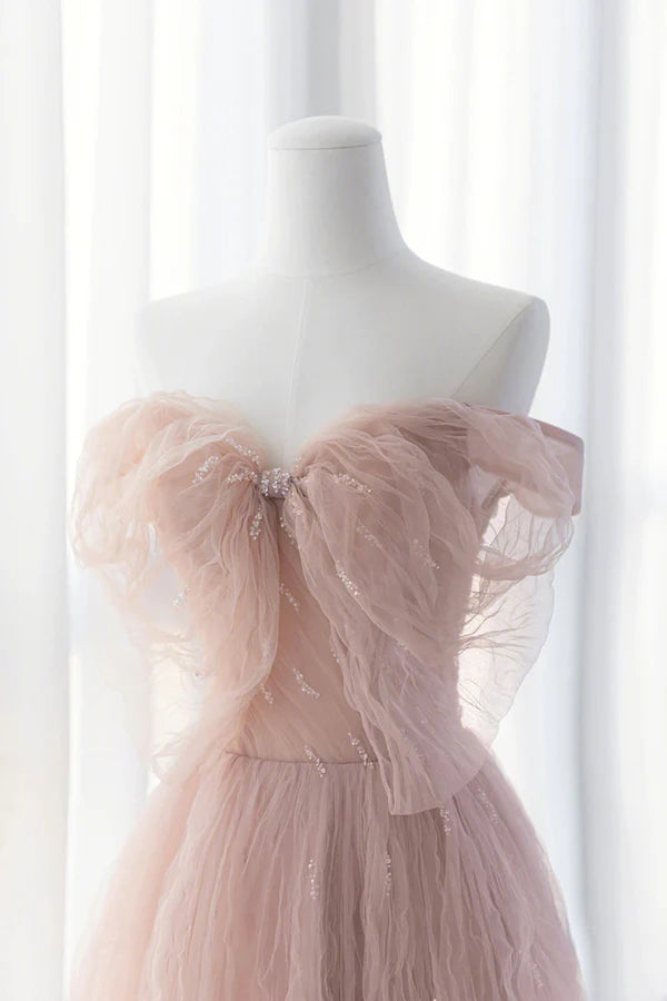Pink Tulle Long A-Line Prom Dresses Pink Evening Dresses with Bow
