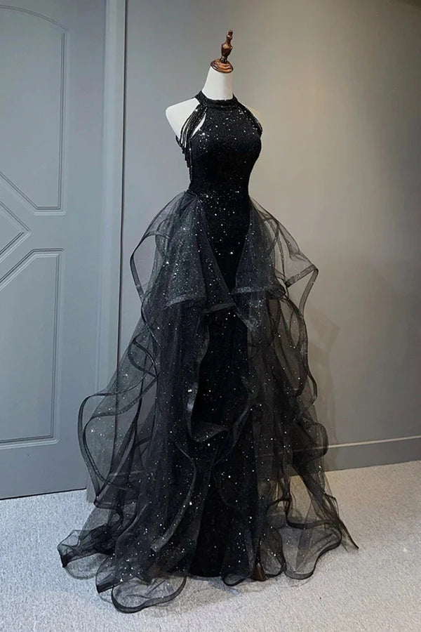 Black Shiny Tulle Long Party Dress with Beaded Black Evening Dress