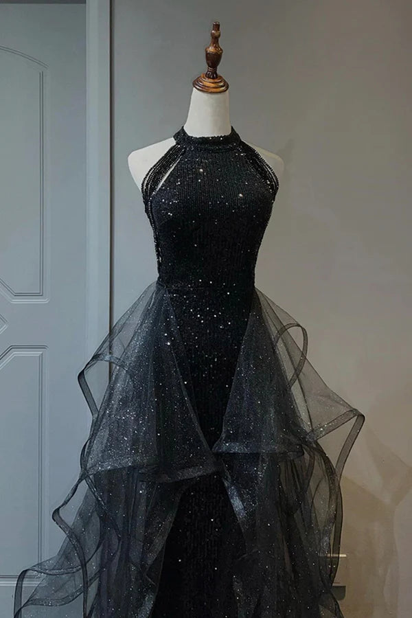 Black Shiny Tulle Long Party Dress with Beaded Black Evening Dress