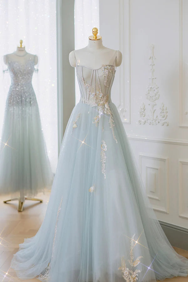 Blue Strapless Lace Formal Prom Dress A-Line Tulle Evening Party Dress