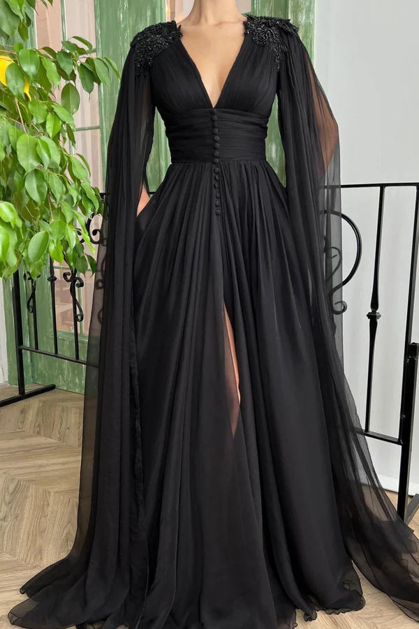 Black V-Neck Chiffon Long Prom Dress Black Evening Dress with Slit