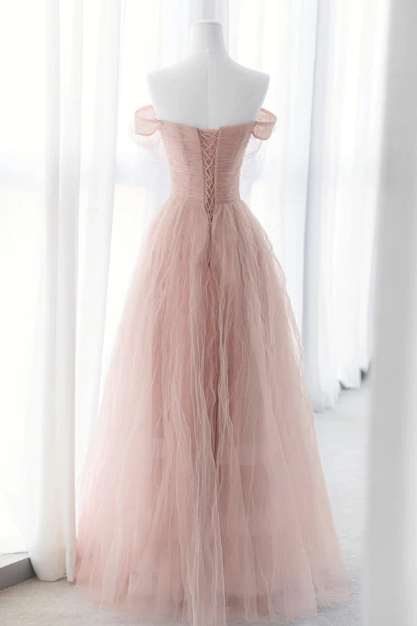 Pink Tulle Long A-Line Prom Dresses Pink Evening Dresses with Bow