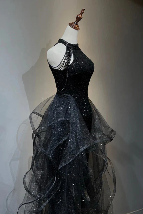 Black Shiny Tulle Long Party Dress with Beaded Black Evening Dress