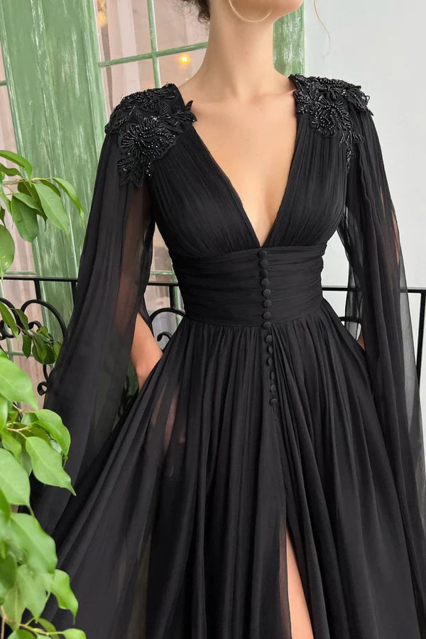Black V-Neck Chiffon Long Prom Dress Black Evening Dress with Slit