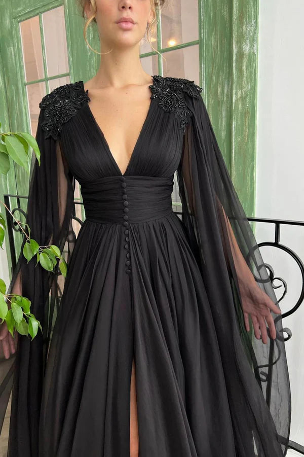 Black V-Neck Chiffon Long Prom Dress Black Evening Dress with Slit