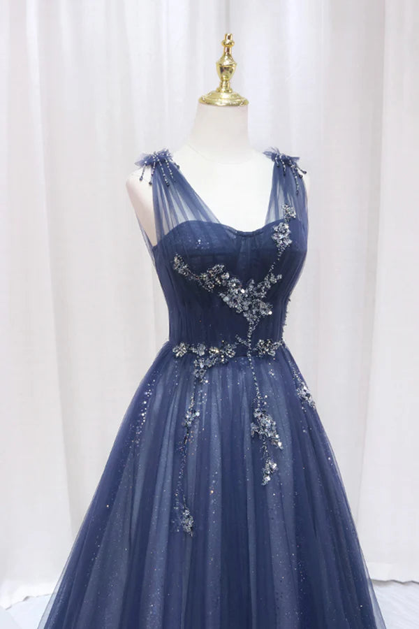 Blue Tulle Beaded Long Prom Dress Blue A-Line Evening Party Dress