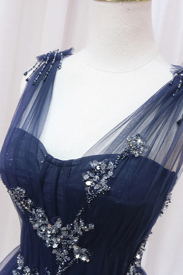 Blue Tulle Beaded Long Prom Dress Blue A-Line Evening Party Dress