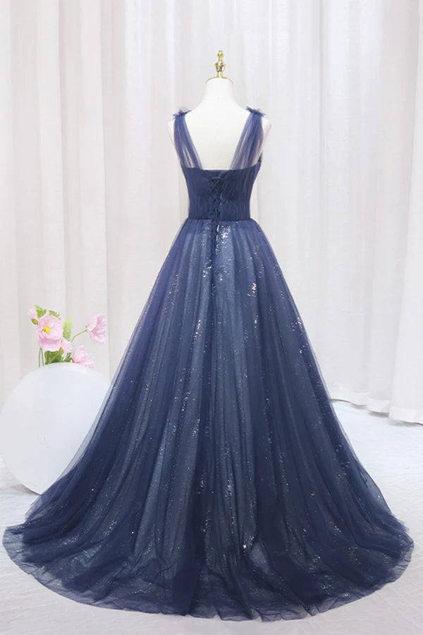 Blue Tulle Beaded Long Prom Dress Blue A-Line Evening Party Dress