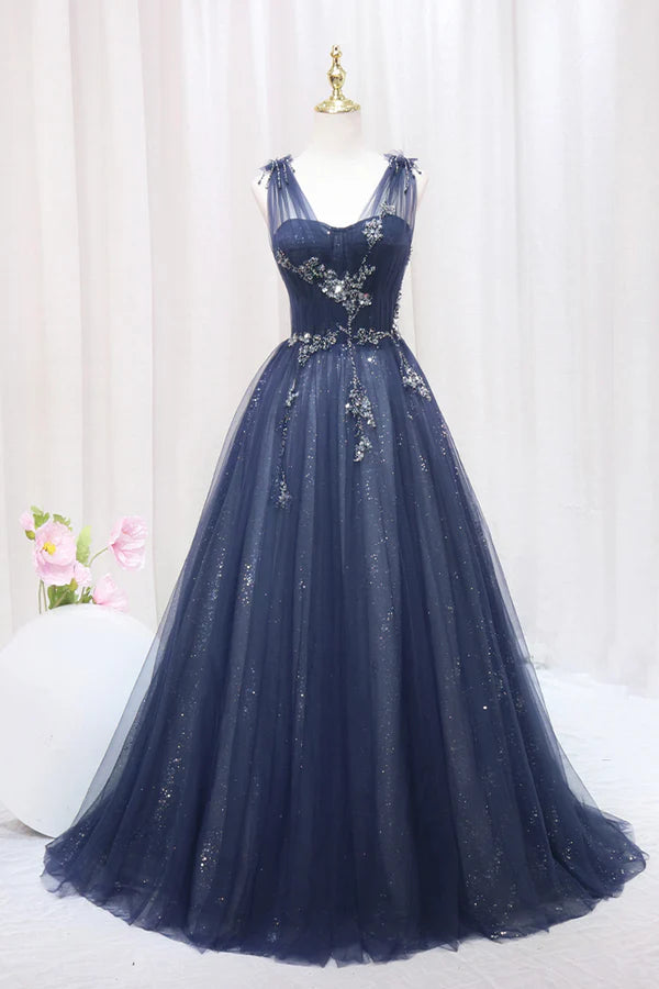 Blue Tulle Beaded Long Prom Dress Blue A-Line Evening Party Dress